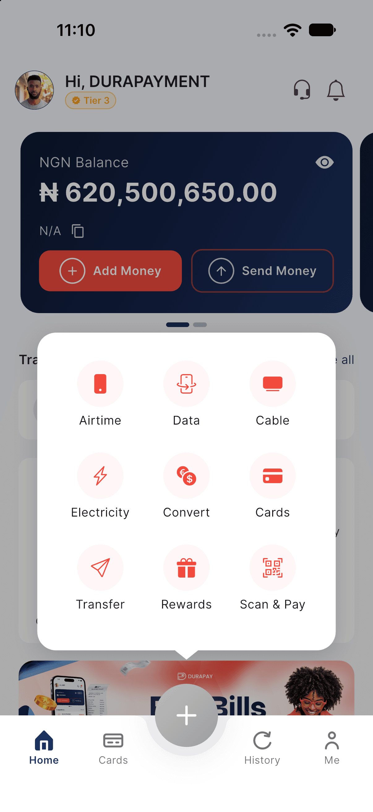 DuraPay quick actions menu